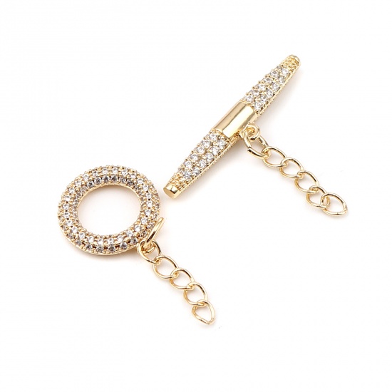 Picture of Brass Toggle Clasps Rectangle 18K Real Gold Plated Circle Ring Clear Rhinestone Micro Pave 34mm x 14mm 28mm x 24mm, 10 Sets                                                                                                                                   