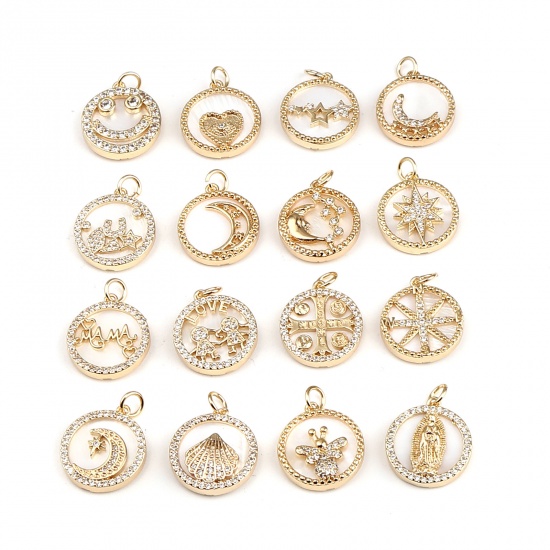 Picture of Shell & Brass Family Jewelry Charms 18K Real Gold Plated White Round Message " Mama " Micro Pave Clear Rhinestone 21mm x 16mm, 30 PCs                                                                                                                         