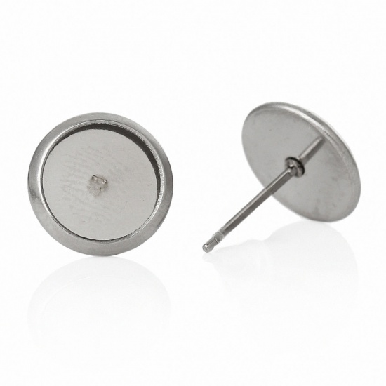 Picture of 304 Stainless Steel Ear Post Stud Earrings Silver Tone Cabochon Settings (Fit 6mm Dia.) 12mm( 4/8") x 8mm( 3/8"), Post/ Wire Size: (20 gauge), 30 PCs