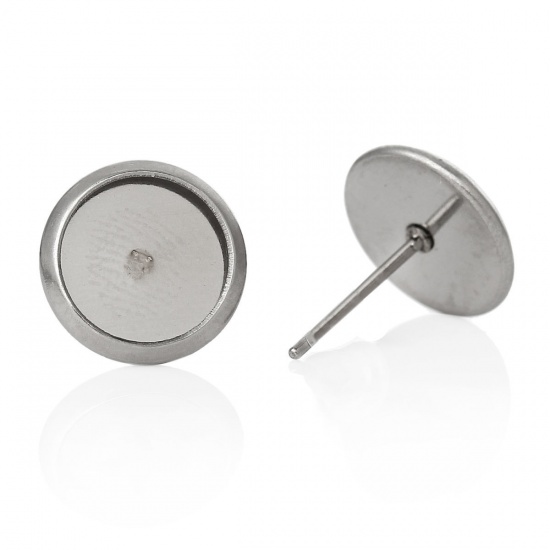 Picture of 304 Stainless Steel Ear Post Stud Earrings Silver Tone Cabochon Settings (Fit 8mm Dia.) 12mm( 4/8") x 10mm( 3/8"), Post/ Wire Size: (20 gauge), 30 PCs