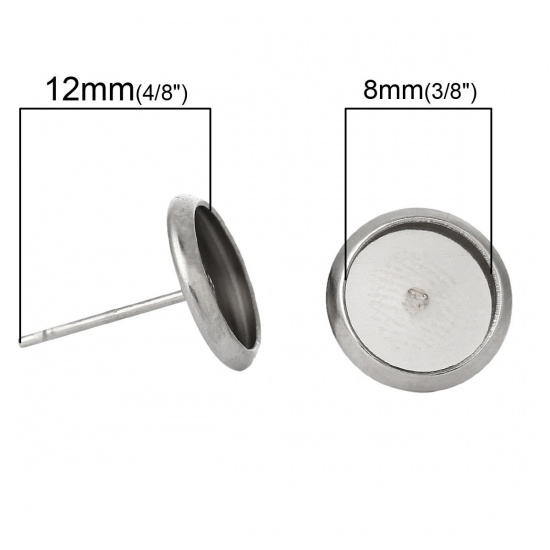 Bild von 304 Edelstahl Ohrring Rund Silberfarbe für Cabochon (für 8mm D.) 12mm x 10mm, Drahtstärke: (20 gauge), 30 Stück