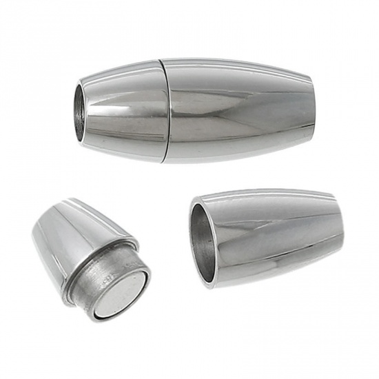 Picture of 304 Stainless Steel Magnetic Clasps Barrel Silver Tone (Fits 4mm Dia Cord) 17mm( 5/8") x 8mm( 3/8"), 2 Sets