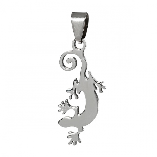 Immagine di Acciaio Inossidabile Charm Ciondoli Lucertola Tono Argento 44mm x 16mm , 2 Pz