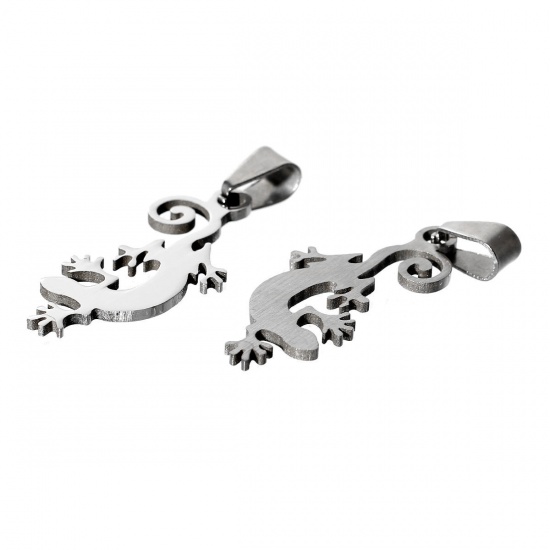 Immagine di Acciaio Inossidabile Charm Ciondoli Lucertola Tono Argento 44mm x 16mm , 2 Pz