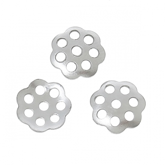 Picture of 304 Stainless Steel Beads Caps Flower Silver Tone Hollow (Fits 10mm Beads) 6mm( 2/8") x 6mm( 2/8"), 50 PCs