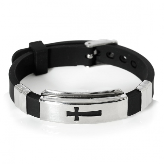 Immagine di Acciaio Inossidabile Moda Nuova Braccialetti Tono Argento Nero Croce Disegno 22.7cm, 1 Pz