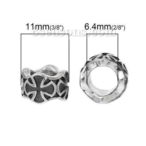 Immagine di 1 Pz 304 Acciaio Inossidabile Perline di Fascino con Foro Grande in Stile Europeo Cilindrico Tono Argento Croce 11mm x 7mm, Buco: Circa 6.4mm