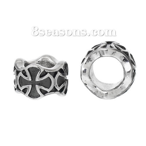 Immagine di 1 Pz 304 Acciaio Inossidabile Perline di Fascino con Foro Grande in Stile Europeo Cilindrico Tono Argento Croce 11mm x 7mm, Buco: Circa 6.4mm