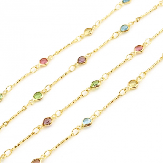 Picture of Brass & Glass Beaded Handmade Link Chain Findings Real Gold Plated Multicolor 4.5mm, 5 M