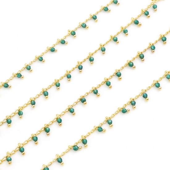 Picture of Brass & Glass With Pendant Handmade Link Chain Findings Tassel Real Gold Plated Dark Green 5.5mm, 5 M