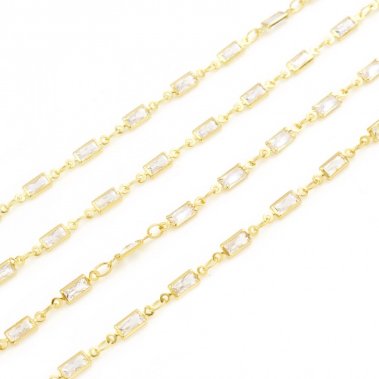 Picture of Brass & Cubic Zirconia Beaded Handmade Link Chain Findings Rectangle Real Gold Plated Clear Cubic Zirconia 3mm, 5 M                                                                                                                                           
