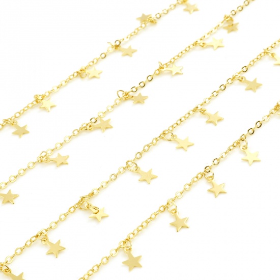 Picture of Brass With Pendant Handmade Link Chain Findings Pentagram Star Real Gold Plated 10mm, 5 M