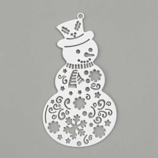 Picture of Iron Based Alloy Filigree Stamping Pendants White Christmas Snowman Painted 5.2cm x 2.8cm, 200 PCs