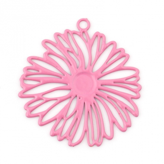 Picture of Iron Based Alloy Filigree Stamping Charms Pink Daisy Flower Painted 26mm x 24mm, 200 PCs