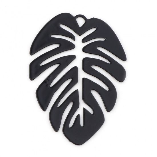 Picture of Iron Based Alloy Filigree Stamping Charms Black Monstera Leaf Painted 28mm x 20mm, 200 PCs