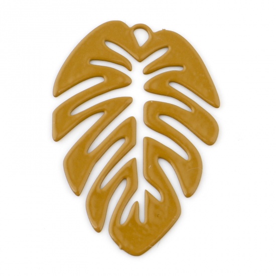 Picture of Iron Based Alloy Filigree Stamping Charms Khaki Monstera Leaf Painted 28mm x 20mm, 200 PCs