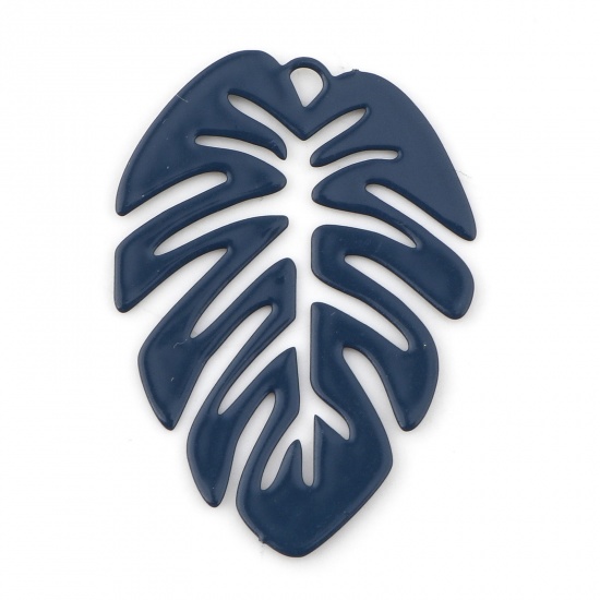 Picture of Iron Based Alloy Filigree Stamping Charms Ink Blue Monstera Leaf Painted 28mm x 20mm, 200 PCs