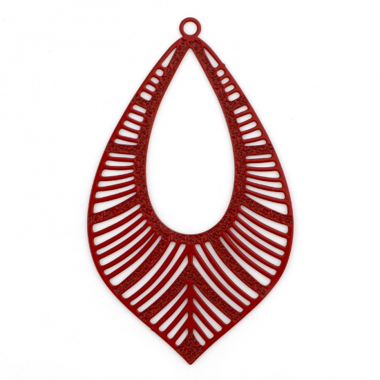 Picture of Iron Based Alloy Filigree Stamping Pendants Red Drop Leaf Painted 5.2cm x 3.1cm, 200 PCs