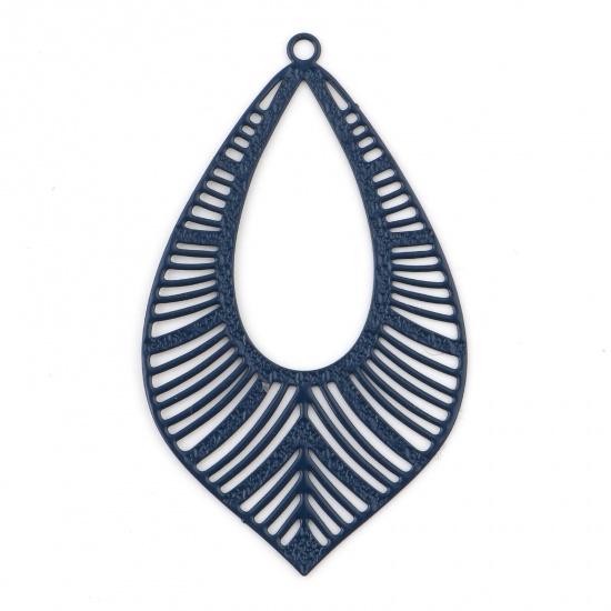 Picture of Iron Based Alloy Filigree Stamping Pendants Ink Blue Drop Leaf Painted 5.2cm x 3.1cm, 200 PCs