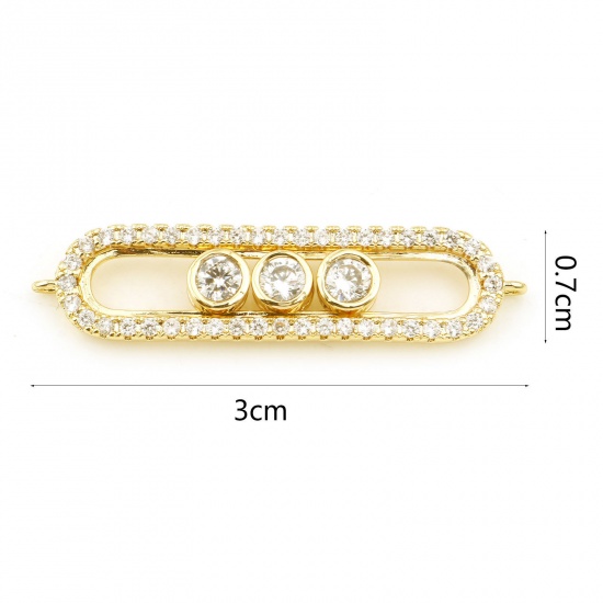 Picture of Brass Connectors Real Gold Plated Oval Clear Cubic Zirconia 3cm x 0.7cm, 10 PCs