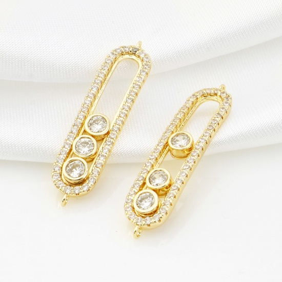 Picture of Brass Connectors Real Gold Plated Oval Clear Cubic Zirconia 3cm x 0.7cm, 10 PCs