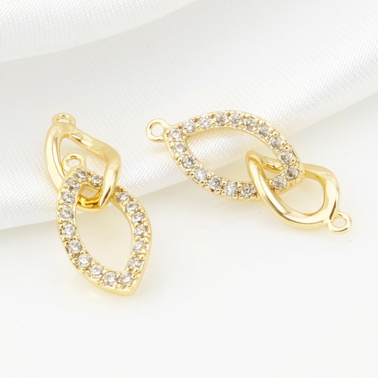 Picture of Brass Connectors Real Gold Plated Oval Circle Ring Micro Pave Clear Cubic Zirconia 23mm x 8mm, 30 PCs