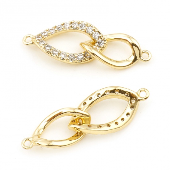 Picture of Brass Connectors Real Gold Plated Oval Circle Ring Micro Pave Clear Cubic Zirconia 23mm x 8mm, 30 PCs