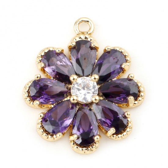 Picture of Brass Charms Flower Real Gold Plated Micro Pave Purple Cubic Zirconia 17mm x 14mm, 30 PCs                                                                                                                                                                     