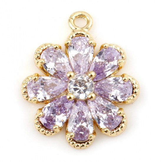 Picture of Brass Charms Flower Real Gold Plated Micro Pave Mauve Cubic Zirconia 17mm x 14mm, 30 PCs                                                                                                                                                                      