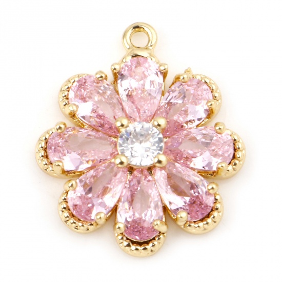 Picture of Brass Charms Flower Real Gold Plated Micro Pave Pink Cubic Zirconia 17mm x 14mm, 30 PCs                                                                                                                                                                       
