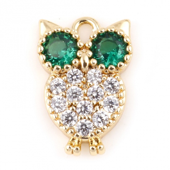 Picture of Brass Charms Owl Animal Real Gold Plated Micro Pave Green Cubic Zirconia 10mm x 7mm, 30 PCs