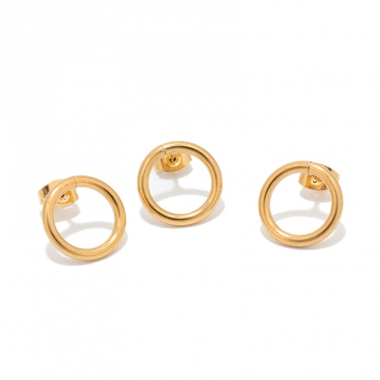 Picture of Stainless Steel Ear Post Stud Earrings Circle Ring 18K Gold Plated 12mm Dia., Post/ Wire Size: (20 gauge), 10 PCs