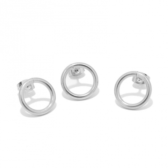 Picture of Stainless Steel Ear Post Stud Earrings Circle Ring Silver Tone 12mm Dia., Post/ Wire Size: (20 gauge), 10 PCs