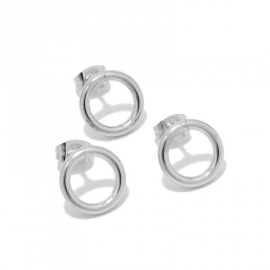 Picture of Stainless Steel Ear Post Stud Earrings Circle Ring Silver Tone 14mm Dia., Post/ Wire Size: (20 gauge), 10 PCs
