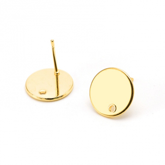 Picture of 50 PCs Stainless Steel Ear Post Stud Earrings Round Gold Plated With Loop 10mm Dia., Post/ Wire Size: (20 gauge)