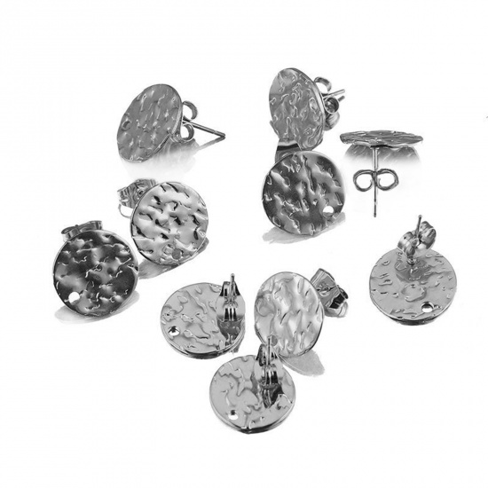 Picture of 10 PCs Stainless Steel Hammered Ear Post Stud Earrings Round Silver Tone With Loop 13mm Dia., Post/ Wire Size: (20 gauge)