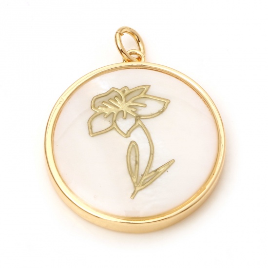 Picture of March Shell & Brass Birth Month Flower Charms Round Real Gold Plated White Narcissus/ Daffodil Flower 28mm x 22mm, 10 PCs