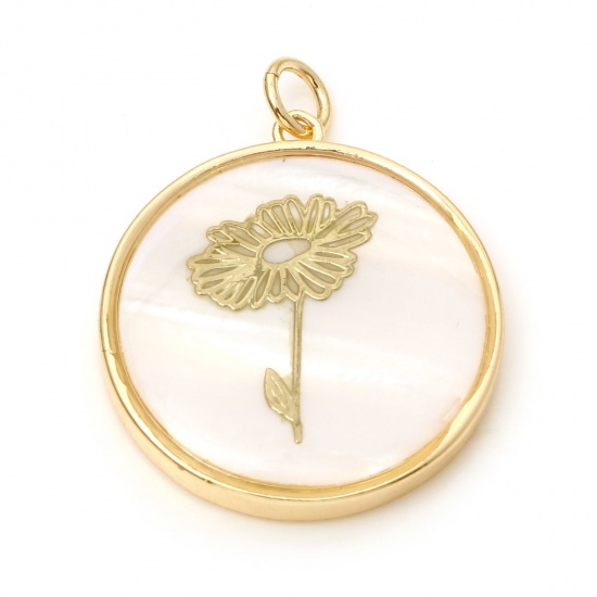 Picture of April Shell & Brass Birth Month Flower Charms Round Real Gold Plated White Daisy Flower 28mm x 22mm, 10 PCs