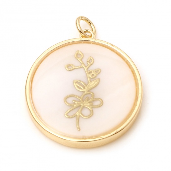 Picture of May Shell & Brass Birth Month Flower Charms Round Real Gold Plated White Hawthorn Flower 28mm x 22mm, 10 PCs