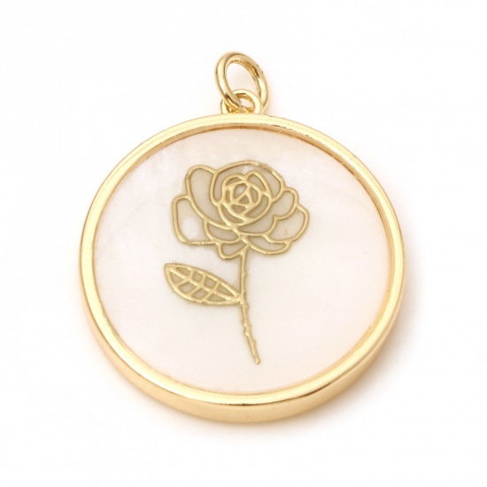 Picture of June Shell & Brass Birth Month Flower Charms Round Real Gold Plated White Rose Flower 28mm x 22mm, 10 PCs