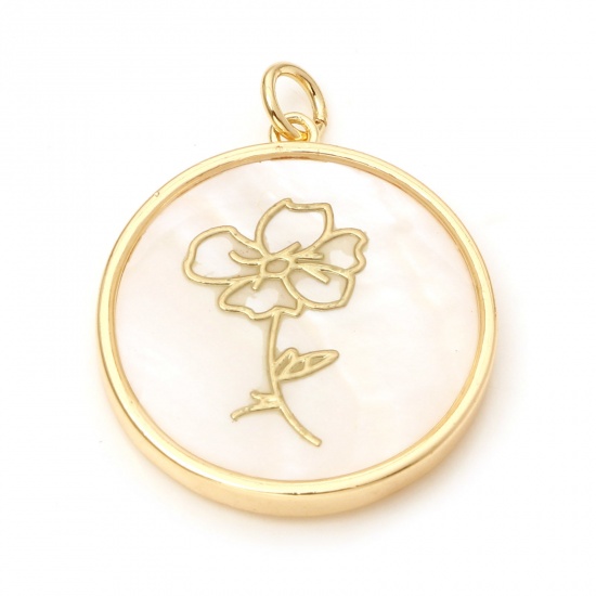 Picture of August Shell & Brass Birth Month Flower Charms Round Real Gold Plated White Poppy Flower 28mm x 22mm, 10 PCs