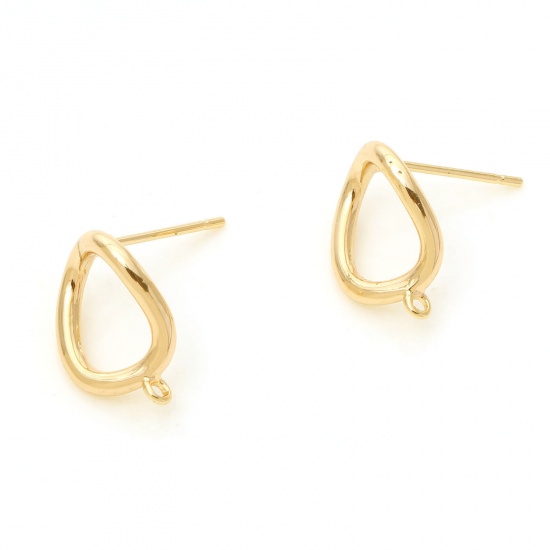 Picture of Brass Ear Post Stud Earrings 18K Real Gold Plated Oval With Loop 15mm x 10mm, Post/ Wire Size: (21 gauge), 20 PCs