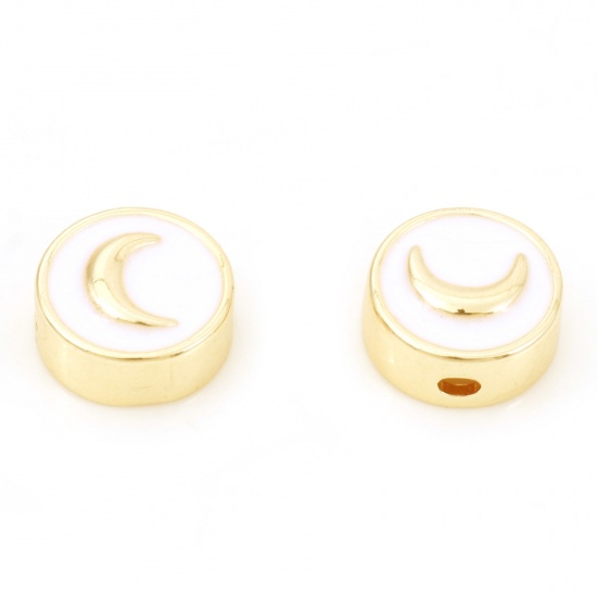 Picture of Brass Galaxy Beads Real Gold Plated White Flat Round Moon Enamel About 10mm Dia, Hole: Approx 2x1.2mm, 50 PCs                                                                                                                                                 