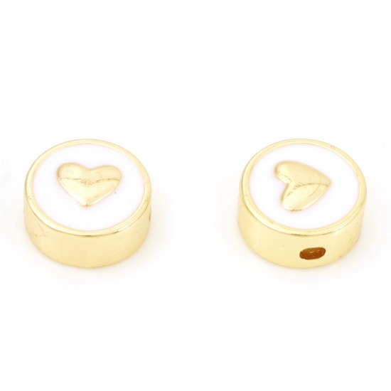 Picture of Brass Galaxy Beads Real Gold Plated White Flat Round Heart Enamel About 10mm Dia, Hole: Approx 2x1.2mm, 50 PCs                                                                                                                                                