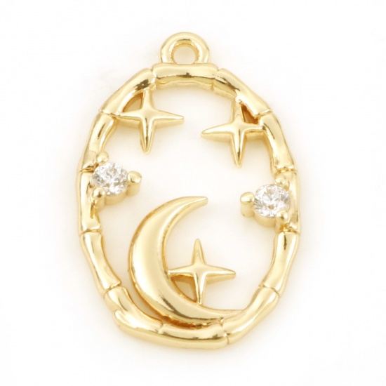 Picture of Brass Galaxy Charms Oval Real Gold Plated Moon Micro Pave Clear Cubic Zirconia 16.5mm x 11mm, 50 PCs                                                                                                                                                          