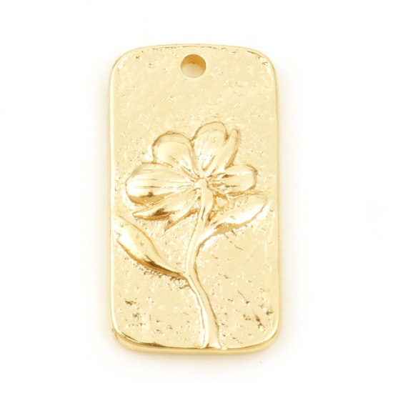 Picture of Copper Charms Rectangle Real Gold Plated Flower 18mm x 9mm, 50 PCs