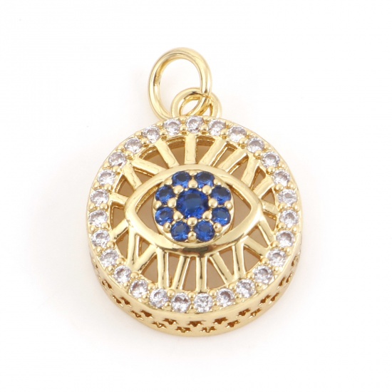 Picture of Brass Religious Charms 18K Real Gold Plated Evil Eye Micro Pave Clear & Blue Rhinestone 19mm x 13mm, 10 PCs                                                                                                                                                   