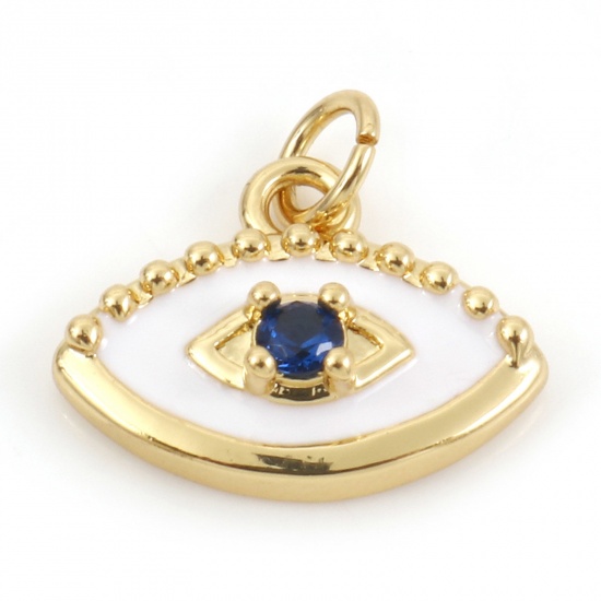 Picture of Brass Religious Charms 18K Real Gold Plated Evil Eye Micro Pave Dark Blue Rhinestone 13mm x 12mm, 10 PCs                                                                                                                                                      