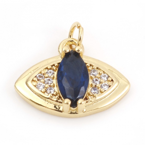 Picture of Brass Religious Charms 18K Real Gold Plated Evil Eye Micro Pave Clear & Blue Rhinestone 15mm x 14mm, 10 PCs                                                                                                                                                   