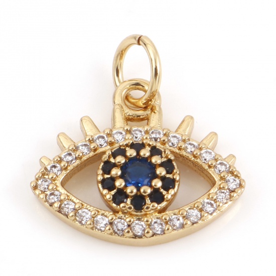 Picture of Brass Religious Charms 18K Real Gold Plated Evil Eye Micro Pave Clear & Blue Rhinestone 16mm x 14mm, 10 PCs                                                                                                                                                   